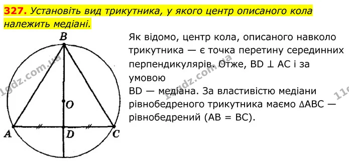 327. Установіть вид трикутника, у якого центр описаного кола належить медіані. — ГДЗ Геометрія 8 клас Мерзляк