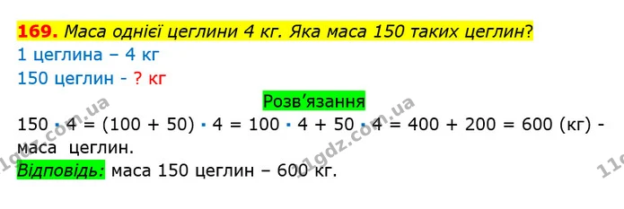 169. Маса однієї цеглини 4 кг. Яка маса 150 таких цеглин? — ГДЗ Математика 3 клас Оляницька 1 та 2 частини