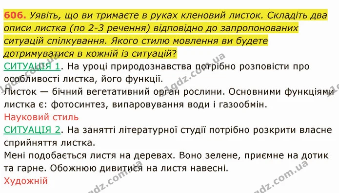 606. Уявіть, що ви тримаєте в руках кленовий листок. Складіть два описи листка (по 2-3 речення) відповідно до запропонованих ситуацій — ГДЗ Українська мова 6 клас Заболотний 2019