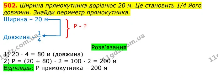 502. Ширина прямокутника дорівнює 20 м. Це становить 1/4 його довжини. Знайди периметр прямокутника. — ГДЗ Математика 3 клас Листопад 1-2 ч.