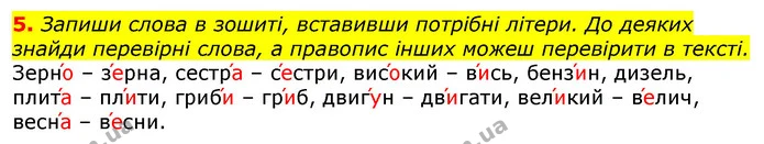 5. Запиши слова в зошиті, вставивши потрібні літери. До деяких знайди перевірні слова, а правопис інших можеш перевірити в тексті. — ГДЗ Українська мова та читання 3 клас Остапенко 1-2 ч.