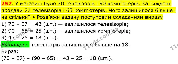 257. У магазині було 70 телевізорів і 90 комп’ютерів. За тиждень продали 27 телевізорів і 65 комп’ютерів. Чого залишилося більше і на — ГДЗ Математика 3 клас Козак 1-2 ч.