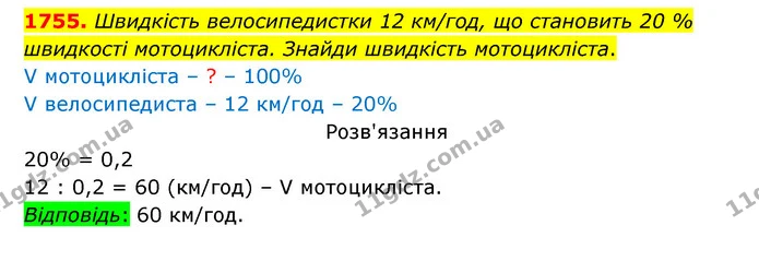 1755. Швидкість велосипедистки 12 км/год, що становить 20 % — ГДЗ Математика 5 клас Бевз
