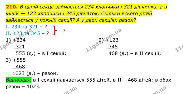 210. В одній секції займається 234 хлопчики і 321 дівчинка, а в іншій — 123 хлопчики і 345 дівчаток. Скільки всього дітей займається у — ГДЗ Математика 5 клас Бевз