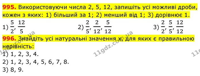 995. Використовуючи числа 2, 5, 12, запишіть усі можливі дроби, кожен з яких: 1) більший за 1; 2) менший від 1; 3) дорівнює 1. — ГДЗ Математика 5 клас Кравчук