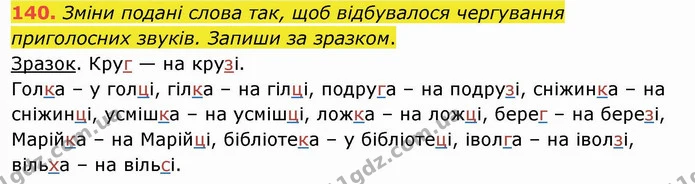 140. Зміни подані слова так, щоб відбувалося чергування приголосних звуків. Запиши за зразком. — ГДЗ Українська мова та читання 4 клас Кравцова