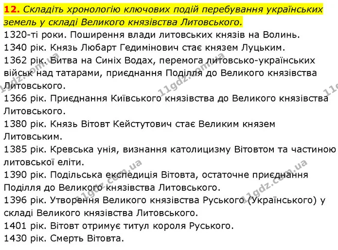 12. Складіть хронологію ключових подій перебування українських земель у складі Великого князівства Литовського. — ГДЗ Історія України 7 клас Галімов