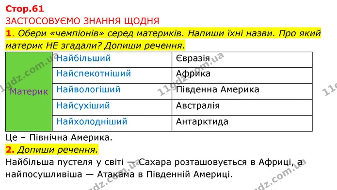 1. Обери «чемпіонів» серед материків. Напиши їхні назви. Про який материк НЕ згадали? Допиши речення. — ГДЗ Робочий зошит Я досліджую світ 4 клас Грущинська