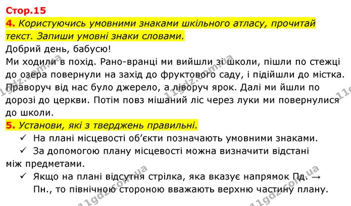 4. Користуючись умовними знаками шкільного атласу, прочитай текст. Запиши умовні знаки словами. — ГДЗ Робочий зошит Я досліджую світ 4 клас Гільберг