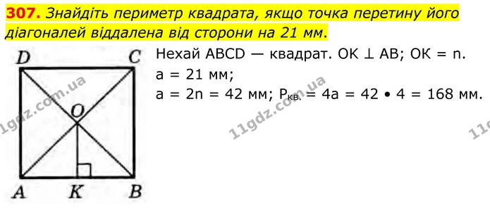 307. Знайдіть периметр квадрата, якщо точка перетину його діагоналей віддалена від сторони на 21 мм. — ГДЗ Геометрія 8 клас Бурда