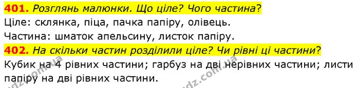 401. Розглянь малюнки. Що ціле? Чого частина? — ГДЗ Математика 4 клас Бевз 1 та 2 частини