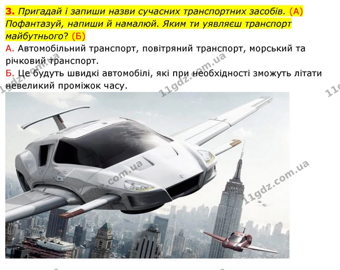 3. Пригадай і запиши назви сучасних транспортних засобів. (А) Пофантазуй, напиши й намалюй. Яким ти уявляєш транспорт — ГДЗ Робочий зошит Я досліджую світ 4 клас Грущинська