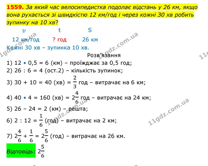 1559. За який час велосипедистка подолає відстань у 26 км, якщо вона рухається зі швидкістю 12 км/год і через кожні З0 хв робить — ГДЗ Математика 5 клас Бевз