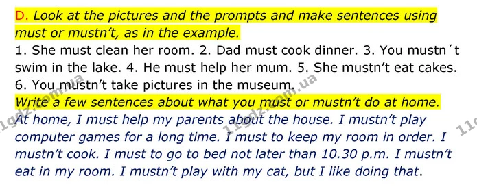 D. Look at the pictures and the prompts and make sentences using must or mustn’t, as in the example. — ГДЗ Зошит граматика Англійська мова Мітчелл