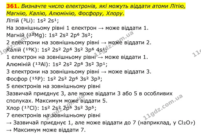 361. Визначте число електронів, які можуть віддати атоми Літію, Магнію, Калію, Алюмінію, Фосфору, Хлору. — ГДЗ Хімія 8 клас Григорович