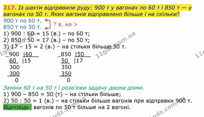 217. Із шахти відправили руду: 900 т у вагонах по 60 т і 850 т — у вагонах по 50 т. Яких вагонів відправлено більше і на скільки? — ГДЗ Математика 4 клас Лишенко 1-2 ч.