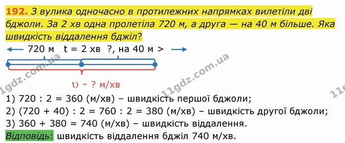 192. З вулика одночасно в протилежних напрямках вилетіли дві бджоли. За 2 хв одна пролетіла 720 м, а друга — на 40 м більше. Яка — ГДЗ Математика 4 клас Лишенко 1-2 ч.