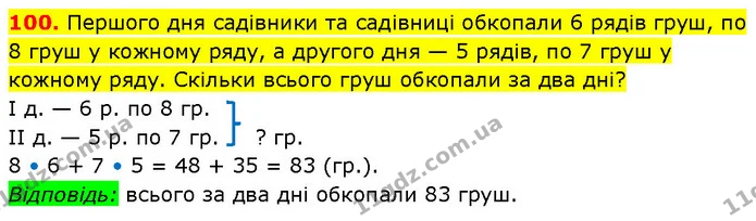 100. Першого дня садівники та садівниці обкопали 6 рядів груш, по 8 груш у кожному ряду, а другого дня — 5 рядів, по 7 груш у кожному — ГДЗ Математика 3 клас Будна 1-2 ч.