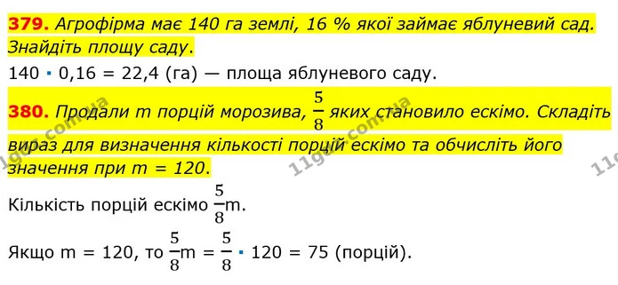 379. Агрофірма має 140 га землі, 16 % якої займає яблуневий сад. Знайдіть площу саду. — ГДЗ Математика 6 клас Мерзляк 2023 1-2 ч.