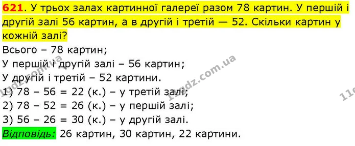 621. У трьох залах картинної галереї разом 78 картин. У першій і другій залі 56 картин, а в другій і третій — 52. Скільки картин у — ГДЗ Математика 3 клас Козак 1-2 ч.