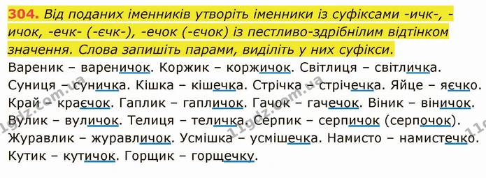 304. Від поданих іменників утворіть іменники із суфіксами -ичк-, -ичок, -ечк- (-єчк-), -ечок (-єчок) із пестливо-здрібнілим відтінком — ГДЗ Українська мова 6 клас Глазова