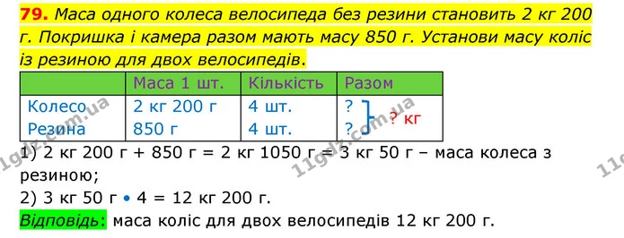 79. Маса одного колеса велосипеда без резини становить 2 кг 200 г. Покришка і камера разом мають масу 850 г. Установи масу коліс із — ГДЗ Математика 4 клас Бевз 1 та 2 частини