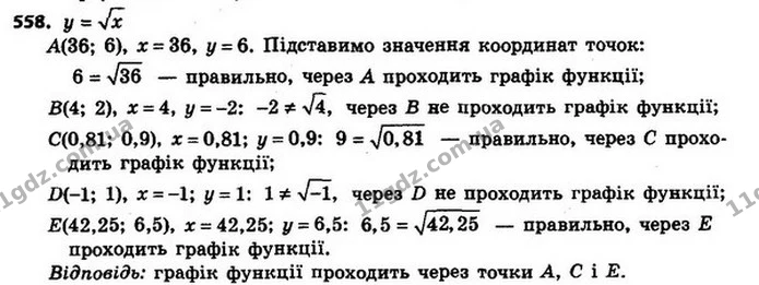 558. Не виконуючи побудови, визначте, через які з даних точок проходить графік функції y = х: — ГДЗ Алгебра 8 клас Мерзляк, Полонський 2021