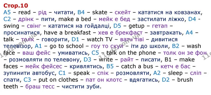 А5 – read – рід – читати, B4 – skate – скейт – кататися на ковзанах, C2 – дрінк – пити, make a bed – мейк е бед – застилати ліжко, D4 — ГДЗ Англійська мова 3 клас Карпюк