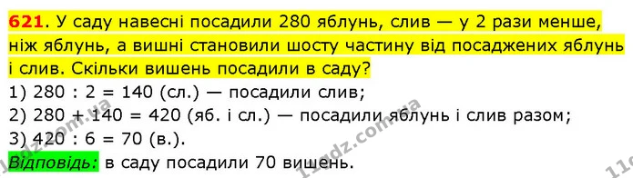 621. У саду навесні посадили 280 яблунь, слив — у 2 рази менше, ніж яблунь, а вишні становили шосту частину від посаджених яблунь і — ГДЗ Математика 3 клас Будна 1-2 ч.