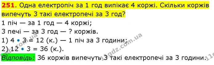 251. Одна електропіч за 1 год випікає 4 коржі. Скільки коржів випечуть 3 такі електропечі за 3 год? — ГДЗ Математика 3 клас Козак 1-2 ч.