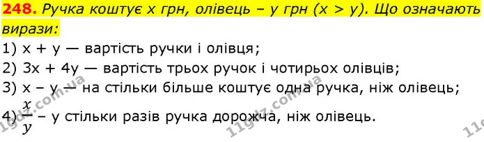 248. Ручка коштує х грн, олівець – у грн (x > у). Що означають — ГДЗ Алгебра 7 клас Істер 2024