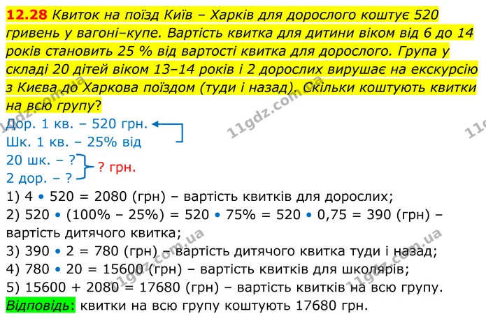 12.28 Квиток на поїзд Київ – Харків для дорослого коштує 520 гривень у вагоні–купе. Вартість квитка для дитини віком від 6 до 14 років — ГДЗ Алгебра 8 клас Істер