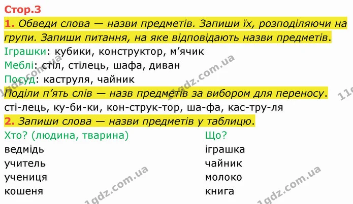 1. Обведи слова — назви предметів. Запиши їх, розподіляючи на групи. Запиши питання, на яке відповідають назви предметів. — ГДЗ Робочий зошит Українська мова 2 клас Большакова 1 ч. - 2 ч.