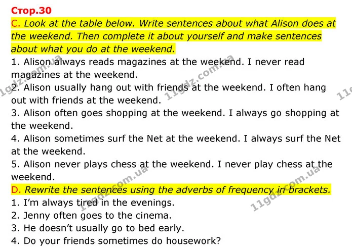 C. Look at the table below. Write sentences about what Alison does at the weekend. Then complete it about yourself and make sentences — ГДЗ Зошит граматика Англійська мова Мітчелл