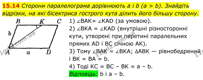 15.14 Сторони паралелограма дорівнюють а і b (а > b). Знайдіть відрізки, на які бісектриса гострого кута ділить його більшу сторону. — ГДЗ Геометрія 8 клас Істер