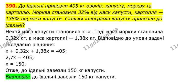 390. До їдальні привезли 405 кг овочів: капусту, моркву та картоплю. Морква становила 32% від маси капусти, картопля — 138% від маси — ГДЗ Математика 6 клас Мерзляк 2023 1-2 ч.