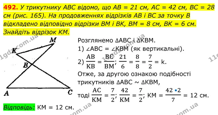 492. У трикутнику ABC відомо, що AB = 21 см, AC = 42 см, BC = 28 см (рис. 165). На продовженнях відрізків AB і BC за точку В відкладено — ГДЗ Геометрія 8 клас Мерзляк