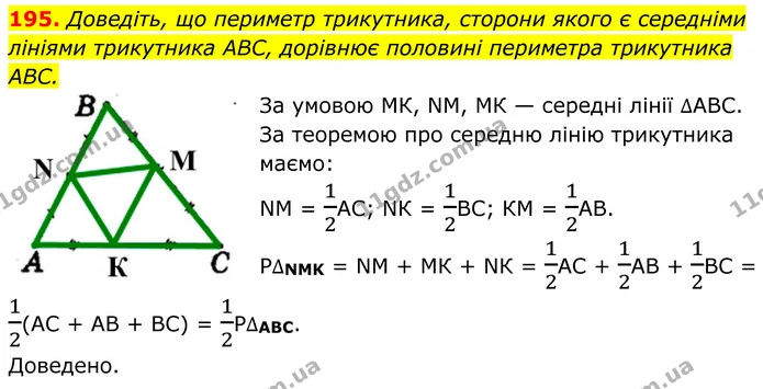 195. Доведіть, що периметр трикутника, сторони якого є середніми — ГДЗ Геометрія 8 клас Мерзляк