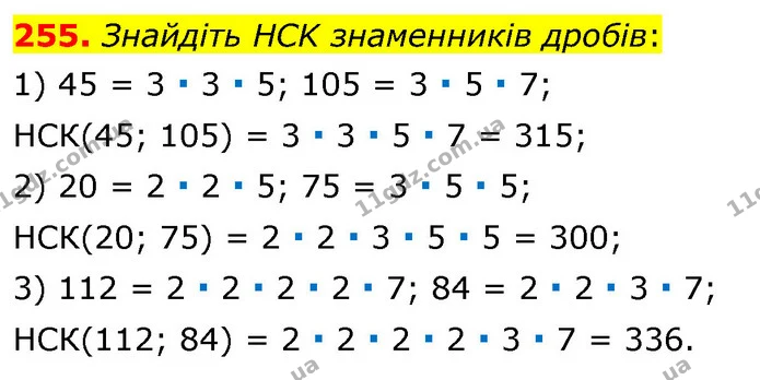 255. Знайдіть HCK знаменників дробів: — ГДЗ Математика 6 клас Тарасенкова 2023 1-2 ч.
