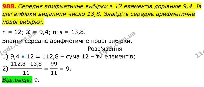 988. Середнє арифметичне вибірки з 12 елементів дорівнює 9,4. Із цієї вибірки видалили число 13,8. Знайдіть середнє арифметичне нової — ГДЗ Алгебра 8 клас Тарасенкова