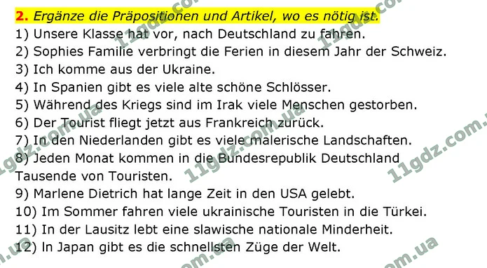 2. Ergänze die Präpositionen und Artikel, wo es nötig ist. — ГДЗ Зошит Німецька мова 9 клас Сотникова