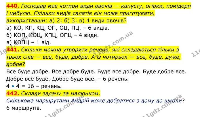 440. Господар має чотири види овочів — капусту, огірки, помідори і цибулю. Скільки видів салатів він може приготувати, використавши: а) — ГДЗ Математика 5 клас Бевз