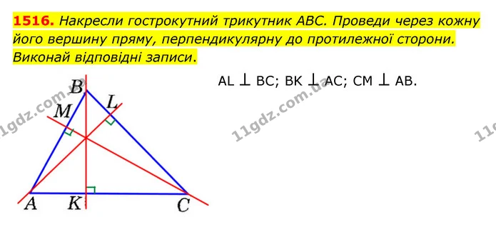 1516. Накресли гострокутний трикутник ABC. Проведи через кожну його вершину пряму, перпендикулярну до протилежної сторони. Виконай — ГДЗ Математика 6 клас Істер 2023 1-2 ч.