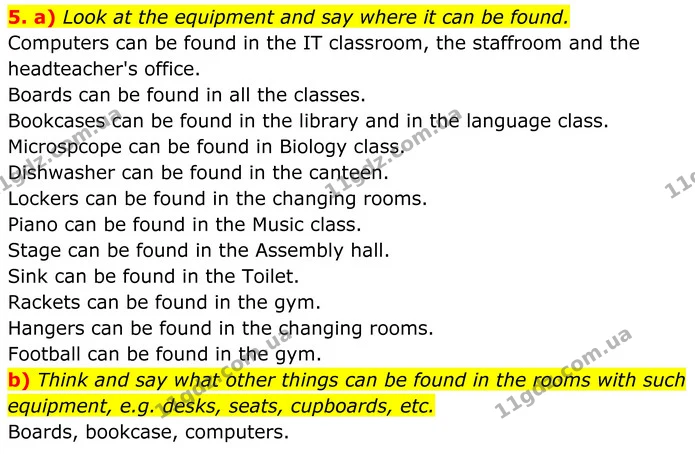 5. a) Look at the equipment and say where it can be found. — ГДЗ Англійська мова 8 клас Карпюк 2025