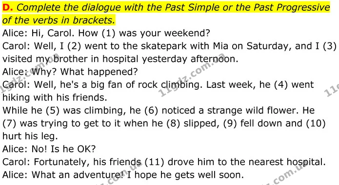 D. Complete the dialogue with the Past Simple or the Past Progressive of the verbs in brackets. — ГДЗ граматика Англійська мова 7 клас Мітчелл