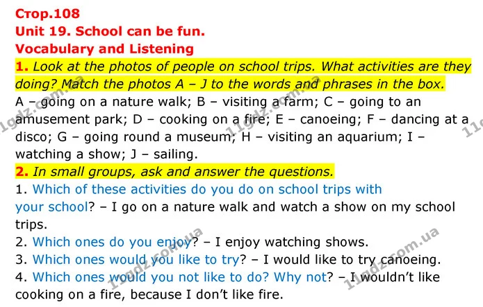 1. Look at the photos of people on school trips. What activities are they doing? Match the photos A – J to the words and phrases in the — ГДЗ Англійська мова 6 клас Коста (Prepare 6)