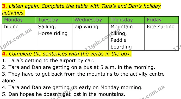 3. Listen again. Complete the table with Tara’s and Dan’s holiday activities. — ГДЗ Англійська мова 7 клас Коста