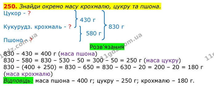 250. Знайди окремо масу крохмалю, цукру та пшона. — ГДЗ Математика 3 клас Листопад 1-2 ч.