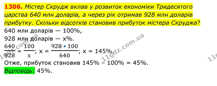 1306. Містер Скрудж вклав у розвиток економіки Тридесятого царства 640 млн доларів, а через рік отримав 928 млн доларів прибутку — ГДЗ Математика 6 клас Мерзляк 2023 1-2 ч.