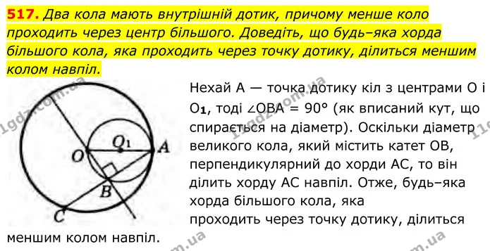 517. Два кола мають внутрішній дотик, причому менше коло проходить через центр більшого. Доведіть, що будь–яка хорда більшого кола, яка — ГДЗ Геометрія 8 клас Бурда